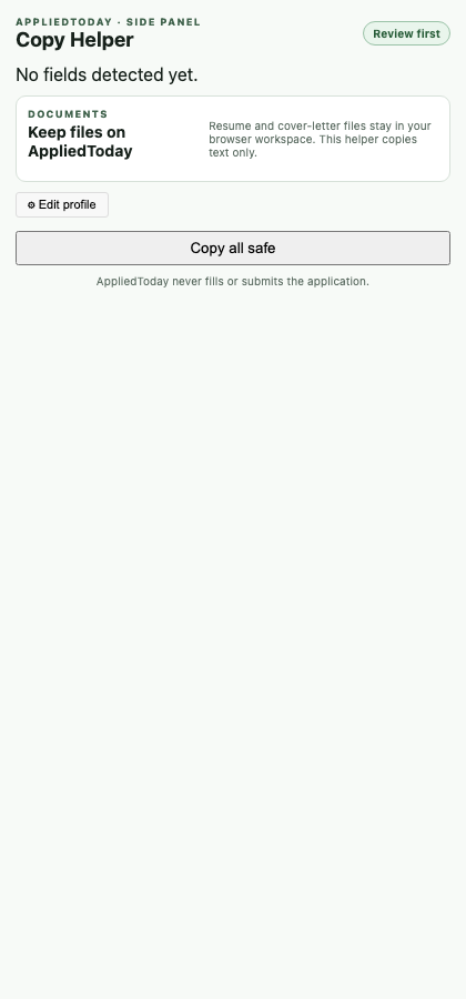 AppliedToday Copy Helper browser extension with a manual copy and paste workflow
