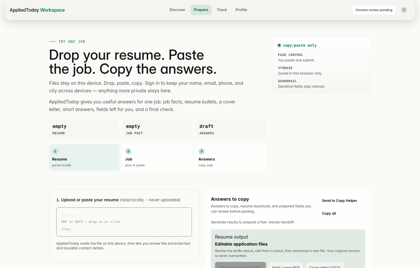 AppliedToday Prepare workspace with local resume review, one-job preparation, copy-ready answers, and fields left for the applicant