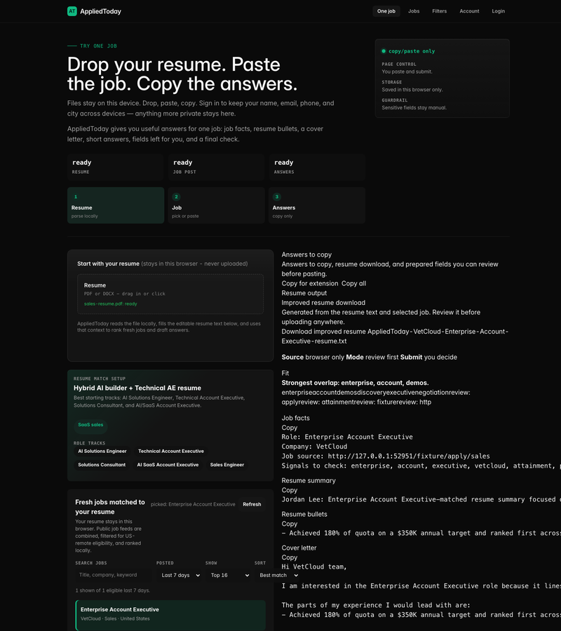 AppliedToday reviewed files with editable resume and cover letter outputs